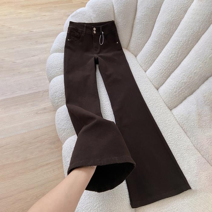 【Luck wanita】Coklat Cutbray Jeans Highwaist Seksi Celana Jeans Wanita Kekinian Korean