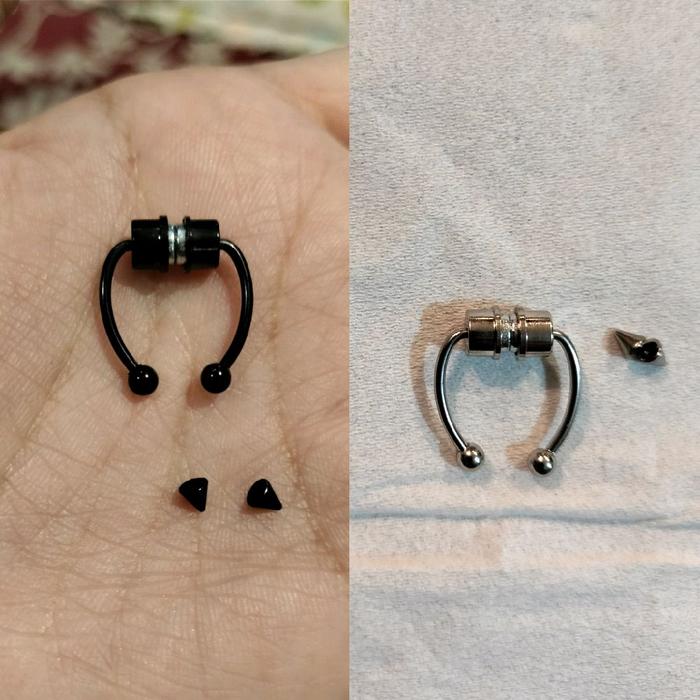 Septum Hidung Magnet Tempel Tindik Piercing Hidung Tapal Kuda Stainless Silver dan Hitam Cowok Cewek
