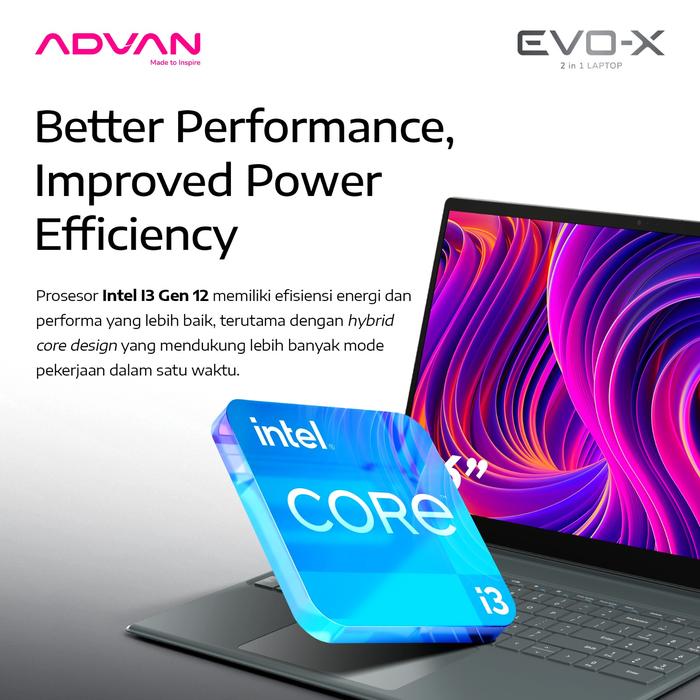 ADVAN Laptop 2 in 1 EVO-X 16” Touch Screen Detachable 2.5K Display Intel i3-1215U 12GB/512GB Windows