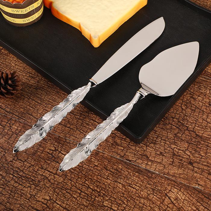2pcs Silver Cake Shovel Knife Feather Shape Handle Cake Cutter Wedding Cake Knife Server Set Party C