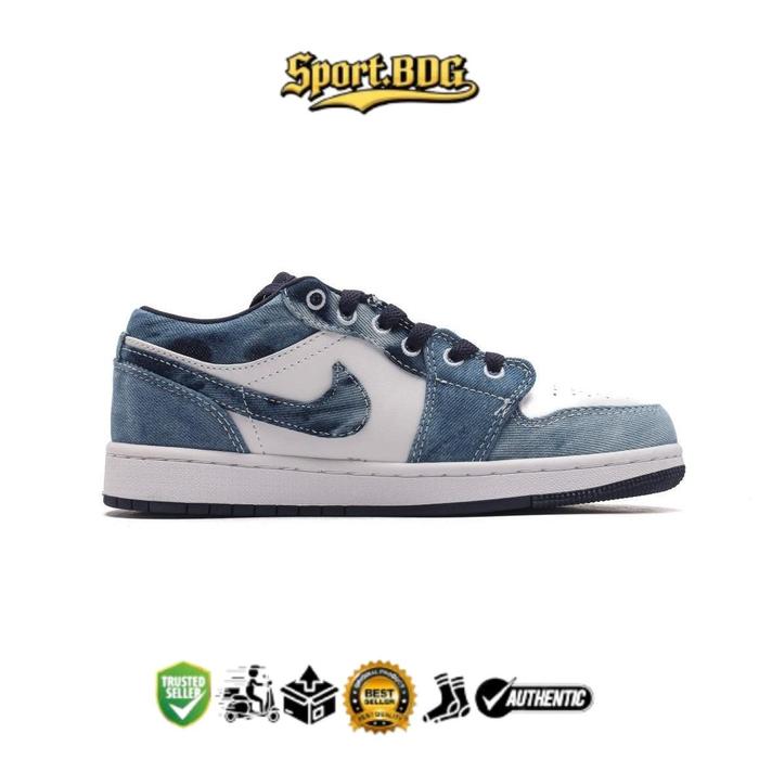 Sepatu AJ1 Low Washed Denim Blue White Stylish Casual Shoes Sneakers Pria Wanita - Trendy & Comforta