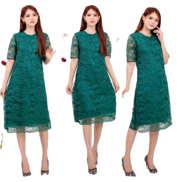 Dress Alicia Brokat Lace Cord Ready Ukuran M-XXL LD 90-120cm Warna Terlengkap - Muslim Wanita (  Gam