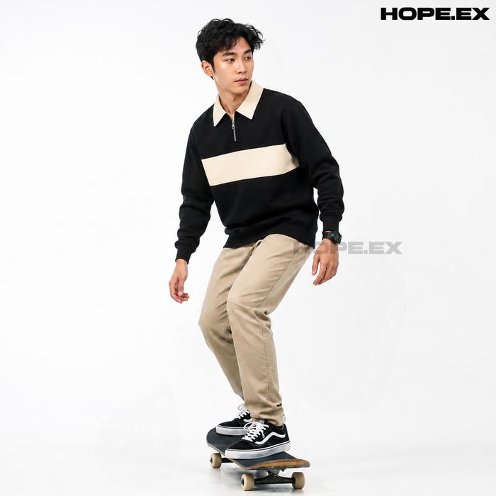 HOPE - Sweater Rugby Half Zipper Polos Varian Twotone Crewneck Unisex Pria Wanita