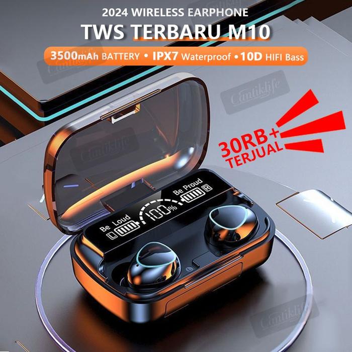 M10 Headset Bluetooth Full Bass Stereo 3500mAh Power Bank Wireless Earphone Tahan Air TWS With Mic H
