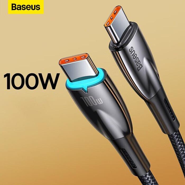 Baseus PD100W lampu Led kabel Usb Tipe C, kabel Data pengisi daya