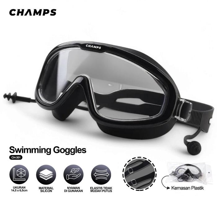 CHAMPS Kacamata Renang Anak Dewasa – Anti Fog, Anti Air, Nyaman + Earplug Murah CH-301