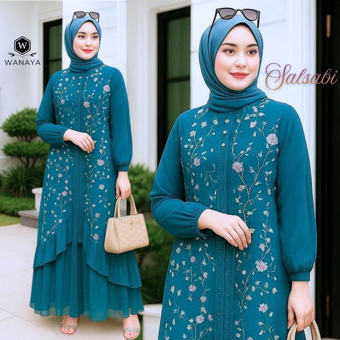 Salsabi Gamis Wanita Muslimah Modis Terbaru Bahan Ceruty Babydoll Mix Brukat Motif Random Estetis Bu