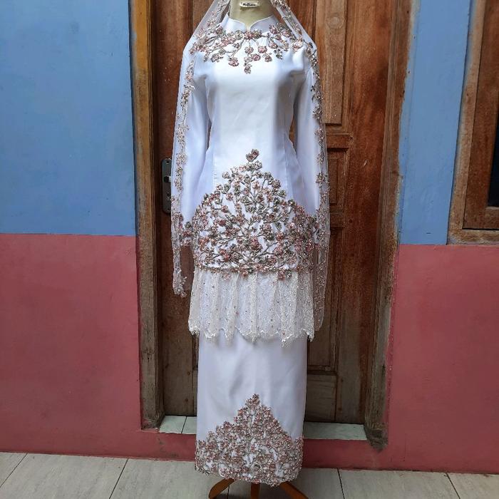 kebaya akad melayu full payet jepang putih bersih free veil hijab kualitas butik Pesta Pengantin Gau