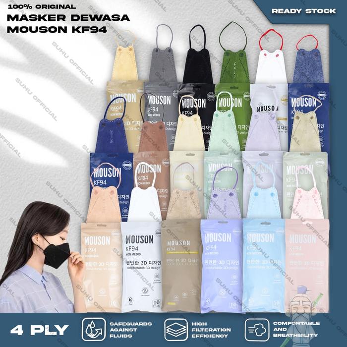❤SUHU❤ Masker KF94 MOUSON 4Ply isi 10Pcs Putih Hitam Abu Warna KF 94 4Ply Earloop Surgical Mask