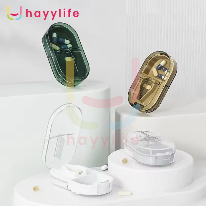 HAYYLIFE 3in1 Alat Gerus Obat Portabel Kotak Penyimpanan Obat Alat Pemecah Obat Pill Cutter Splitter