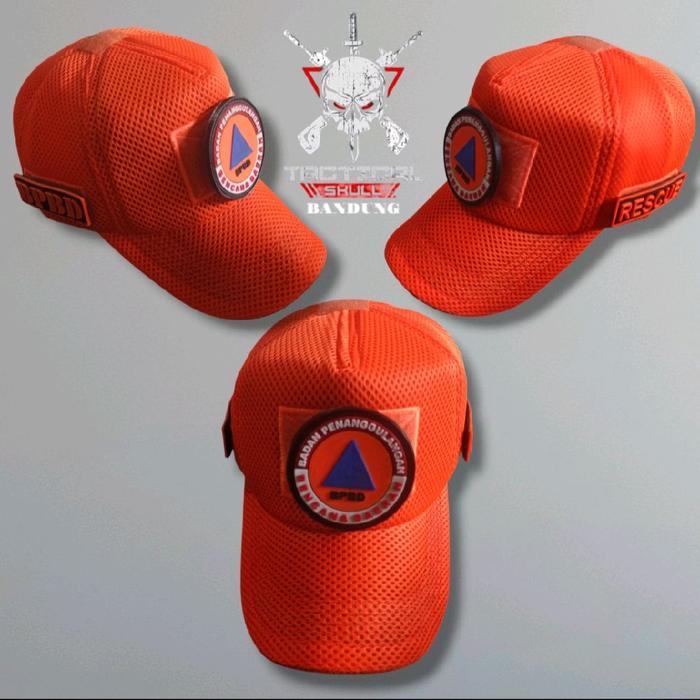 topi jaring doubelmes orange satu set patchrubber rescue bpbd aksesoris tempelan karet velcro