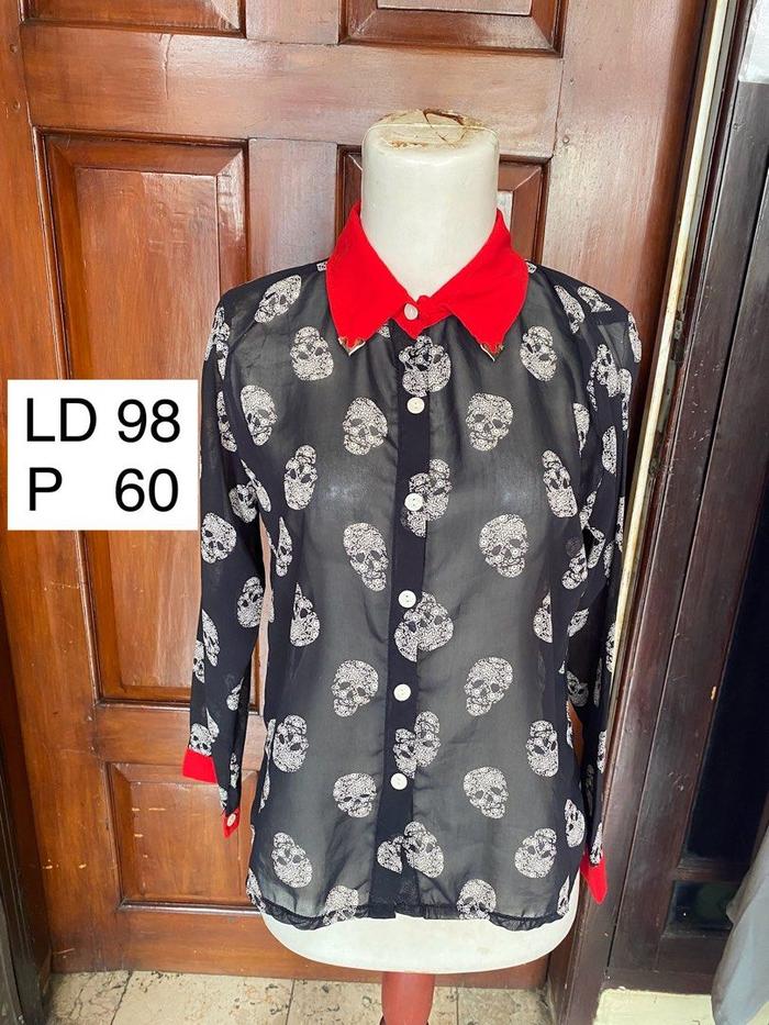 Kemeja Wanita Nerawang Sheer Shirt Motif Skull - preloved