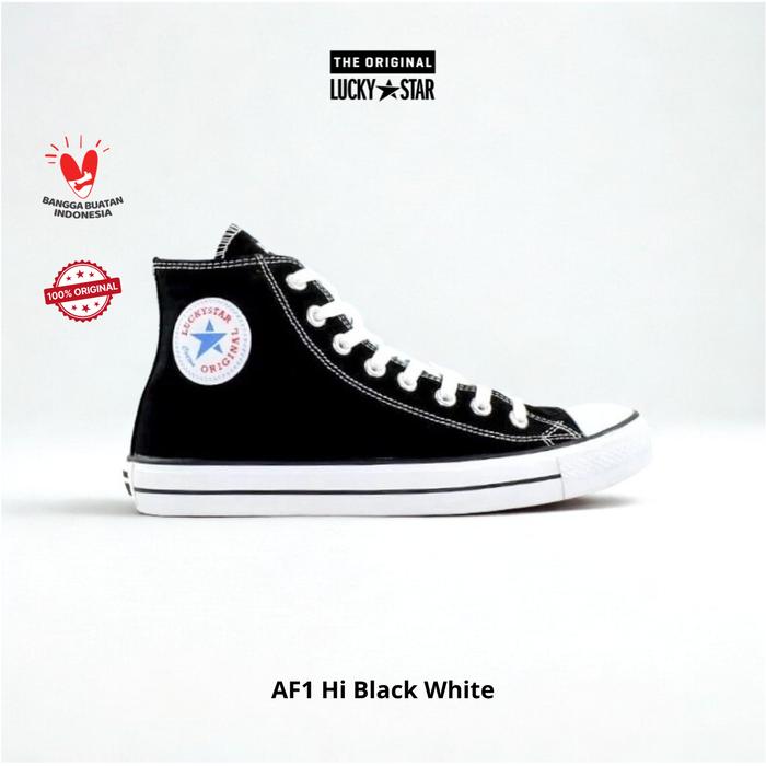 Lucky Star AF1 Hi Black White - Sepatu Sneakers Unisex Hi Cut Canvas 10 oz Nyaman Dipakai Seharian