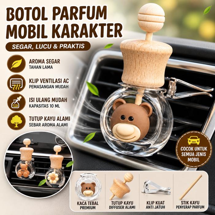 Botol Parfum Mobil Desain Karakter Lucu dengan Klip Ventilasi AC Botol Pengharum Mobil Kosong Tempat