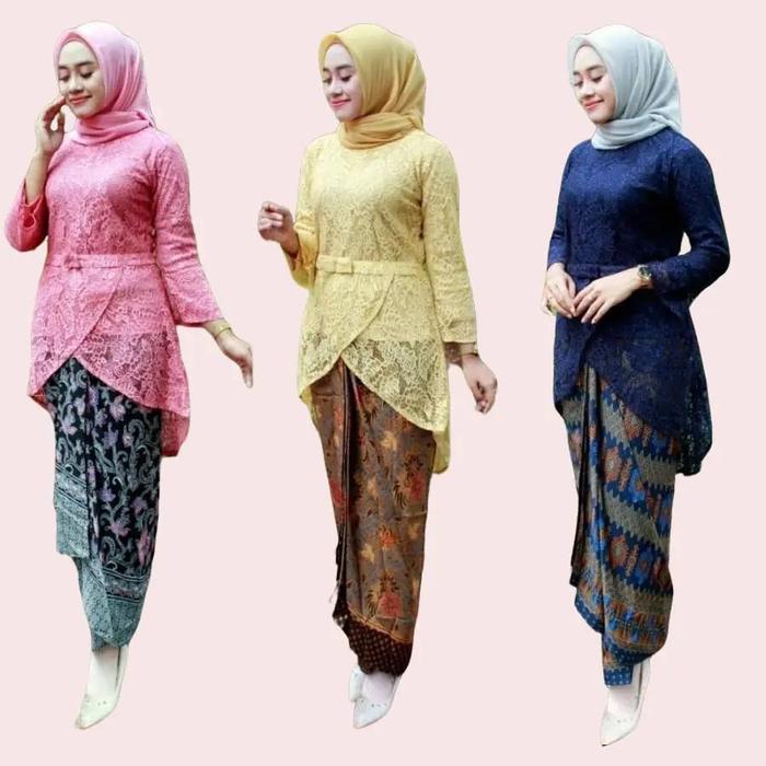 Setelan Kebaya Modern Bahan Brukat Rok Batik Wanita Plisket Warna Pink/Kuning/Navy