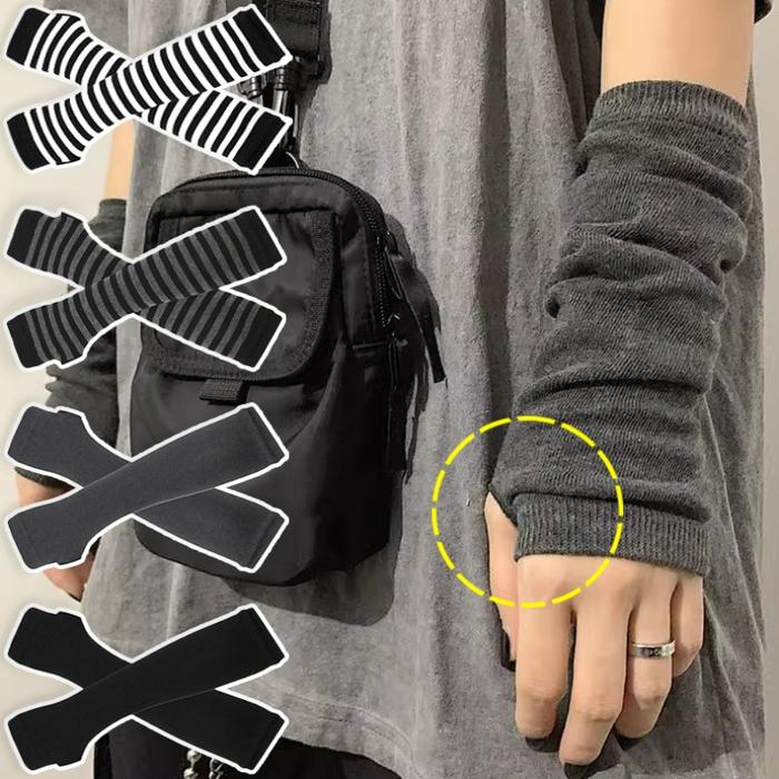 Punk Cool Stripe Gloves Adjustable Long Arm Glove Fingerless Sleeve Cross Stripe Mittens Winter Arm 