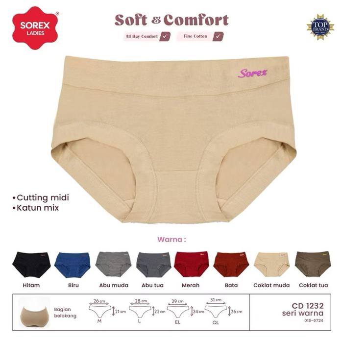 1Pcs Sorex Celana Dalam Wanita Sorex 1232 Soft Comfort Cutting Midi Katun Mix CD 1232 Seri Warna