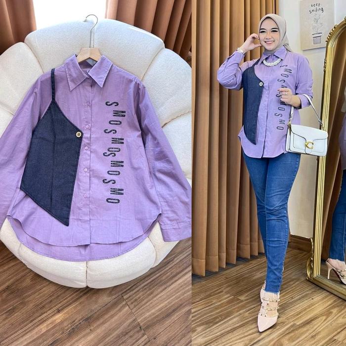 Wholesale Grace Lee Pgmta kemeja wanita katun kombinasi denim minimal order 6pcs seri warna
