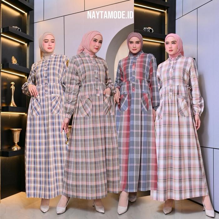 Nayta - Gamis Triset Premium Wanita | Gamis Triset Premium Motif Kotak | Gamis Triset | Gamis Kotak-