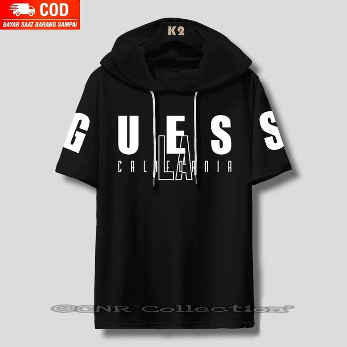 Baju Kaos Hoodie Kupluk Motif GUESS Distro Pria Wanita Bahan Katun Tebal Premium Terbaru Import Vira
