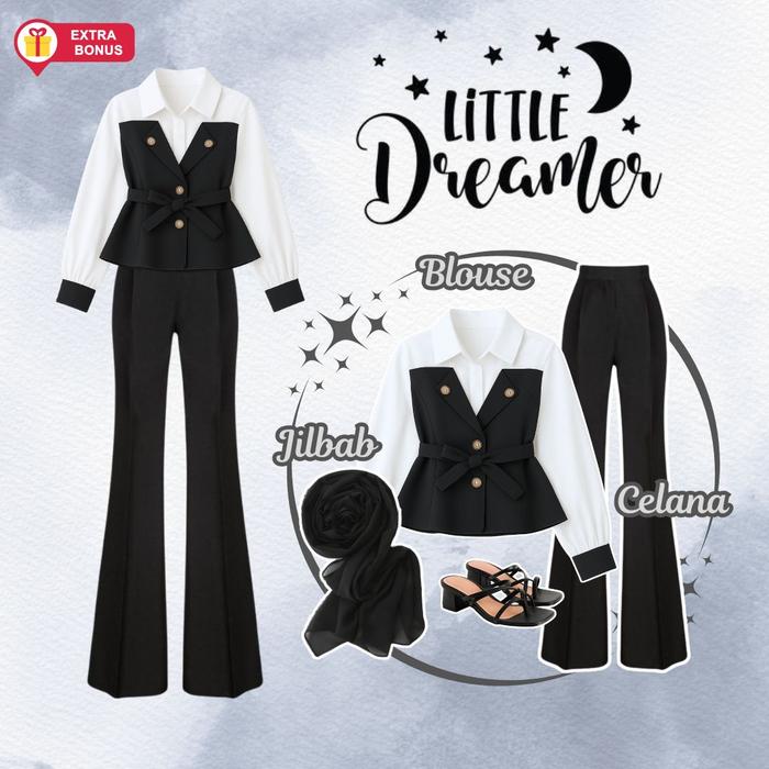 One Set 3in1 Blouse Celana Cutbray Scuba Hijab Segi Empat Bella | OOTD outfit wanita cewek anak rema