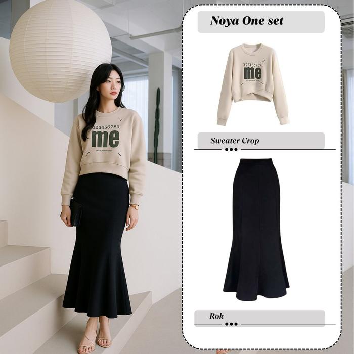 Noya One Set Wanita Sweater Cream Dan Rok Duyung Hitam Setelan Casual Ootd Outfit Hangout Remaja baj