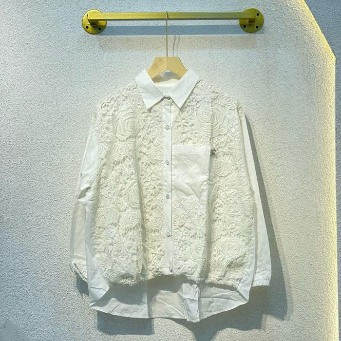 LAMARE - MINE BLOUSE KEMEJA KATUN POPLIN ATASAN WANITA KEMEJA BROKAT WHITE KEMEJA PUTIH
