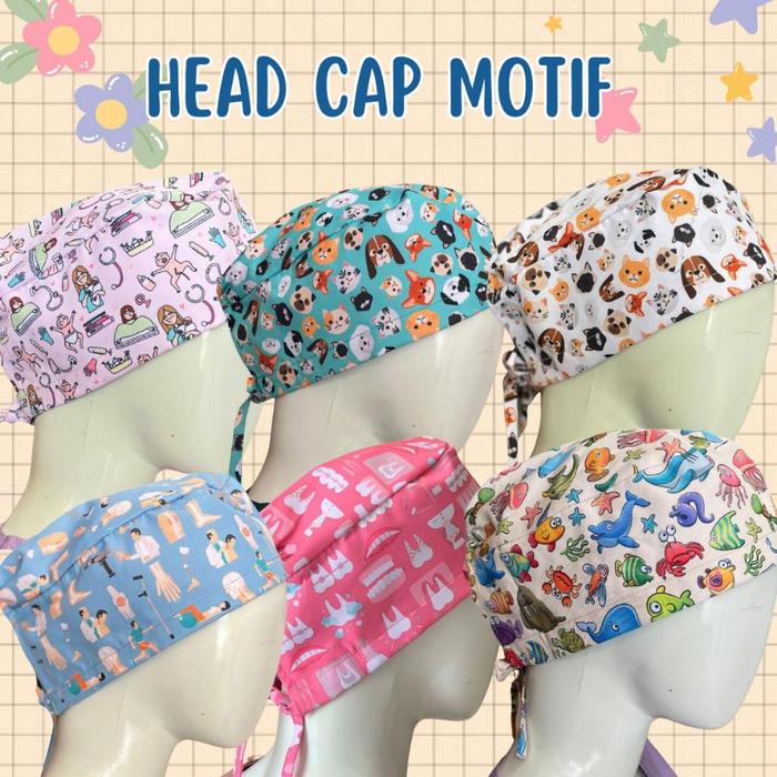 Topi bedah motif bunga untuk perawat dan chef