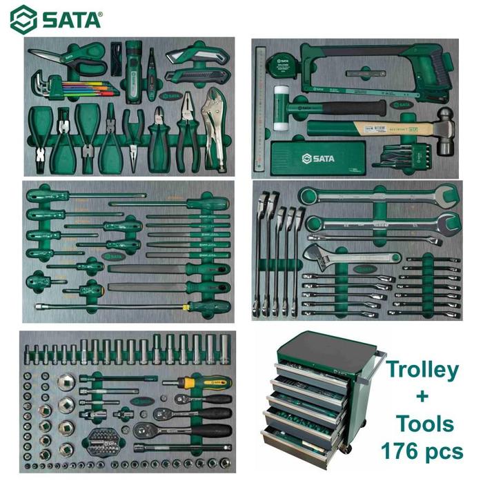 SATA 09951 Troli Perkakas 5 Laci 176 Pc Industrial Production Repair Master Tool Set Sata Tools