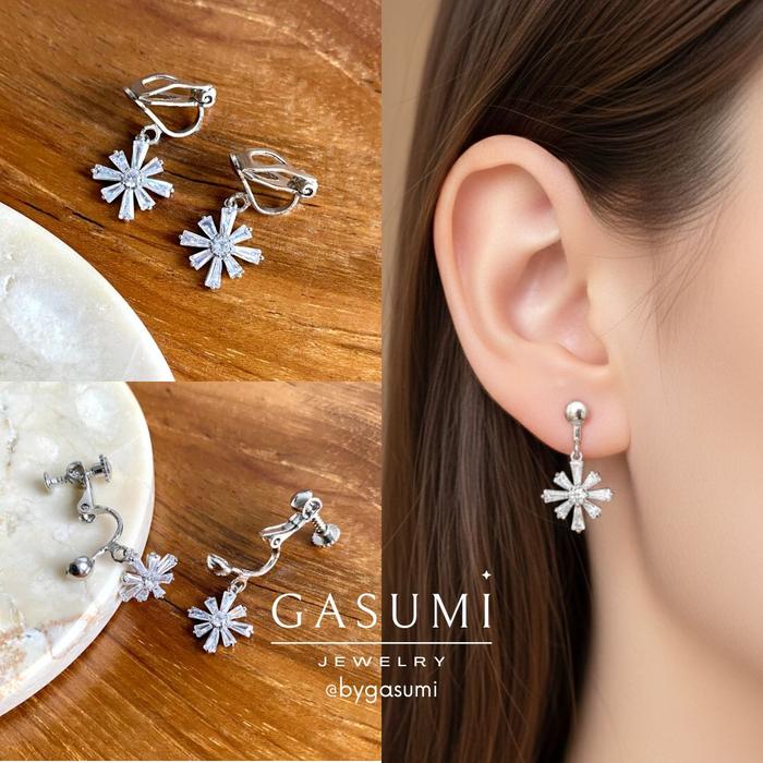 VANDA - Anting Jepit Sekrup Tanpa Tindik Kristal Putih Silver Perak Elegant White Gold Earclip Clip 