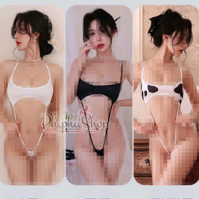 Lingerie Seksi Leotard Teddy Fit Xl Model Bra V Shape Bikini Bodysuit Hitam Putih Motif Sapi
