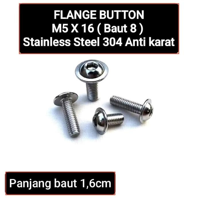 Baut Flange Button M5 X 16 Stainless Steel 304 ANTI KARAT (Baut 8 panjang 1.6cm)