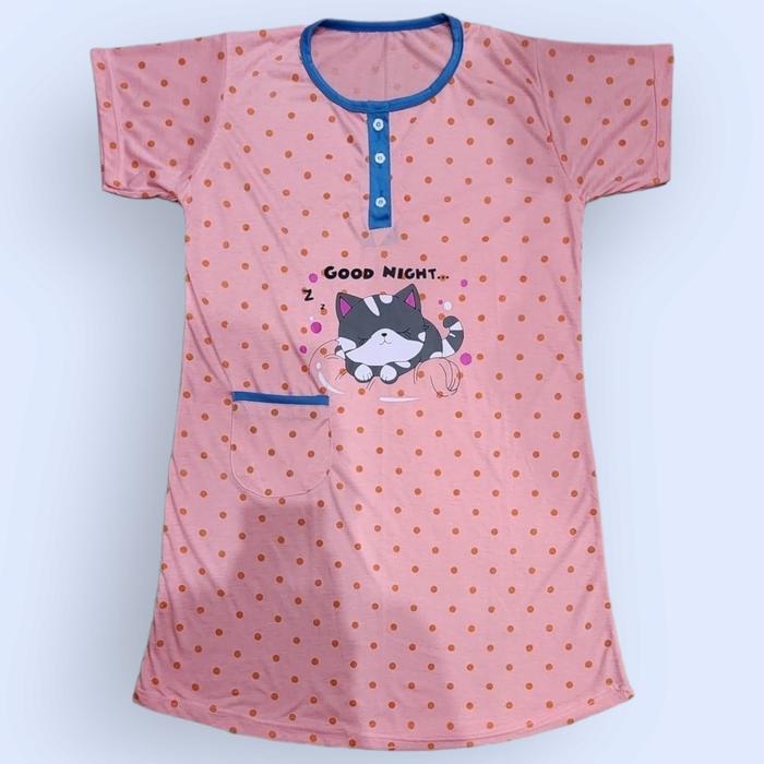 Nona Piyama Baju Tidur Daster Lembut Dress Wanita Dewasa Bahan Kaos Berkualitas dengan Pola Kucing C