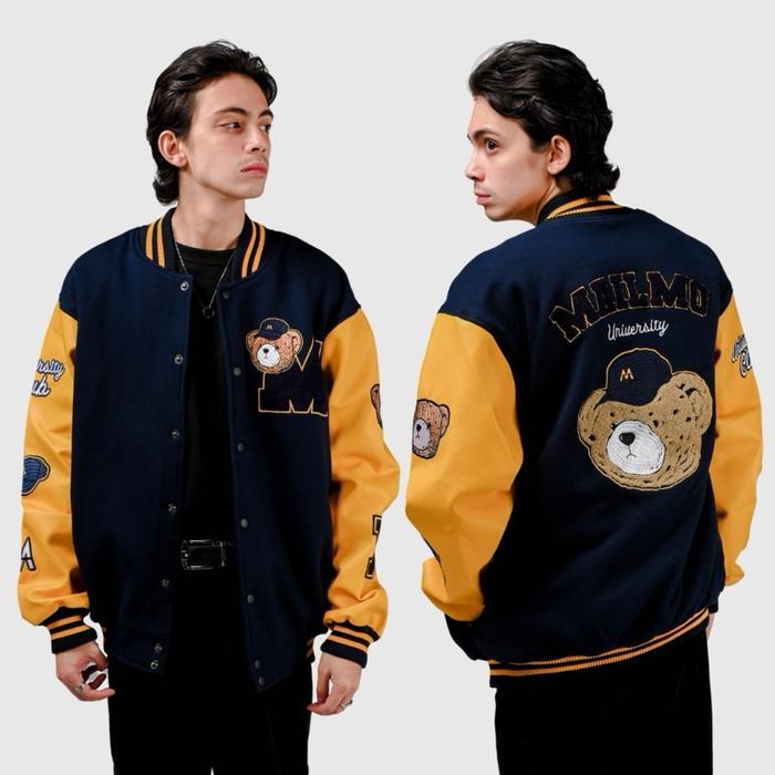 Mailmo Premium Varsity Jacket Bear Navy Leather | Jaket Baseball Varsity
