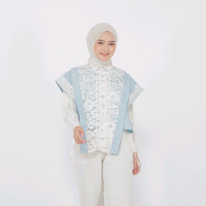 ROMPI VEST OUTER KATUN BORDIR BRUKAT RENDA BLUE SKY BIRU LANGIT