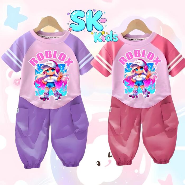 setelan robux cargo anak perempuan usia 1-12 tahun bahan katun tersedia warna pink dan ungu dengan m