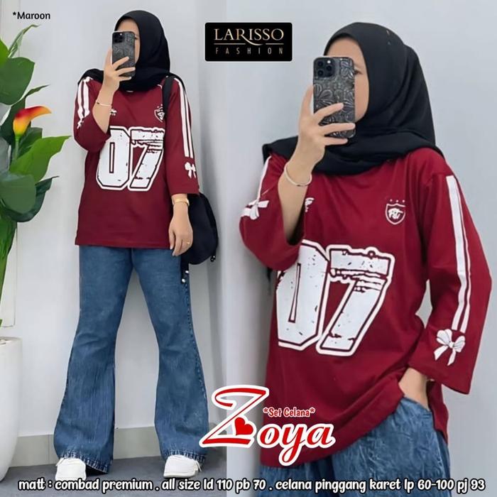 Zoya set celana wanita by LARISSO (oneset setelan atasan kaos bahan combad premium, celana jeans)