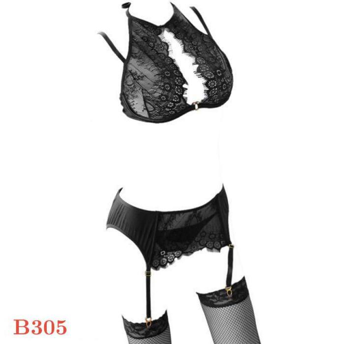 B304 Bra Set Bralette Sexy Lingerie Wanita Seksi BH Halter CD Garter Belt Lace Motif Bunga Dapat Sto