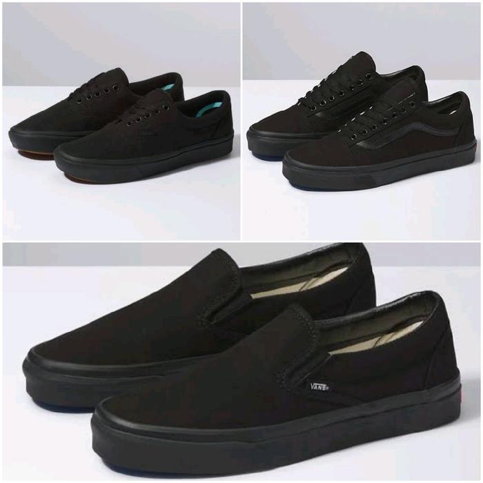 Sepatu Kasual Slip On Vans Old Skool Authentic Sneakers Pria Wanita Full Black Casual Hitam Polos Sh