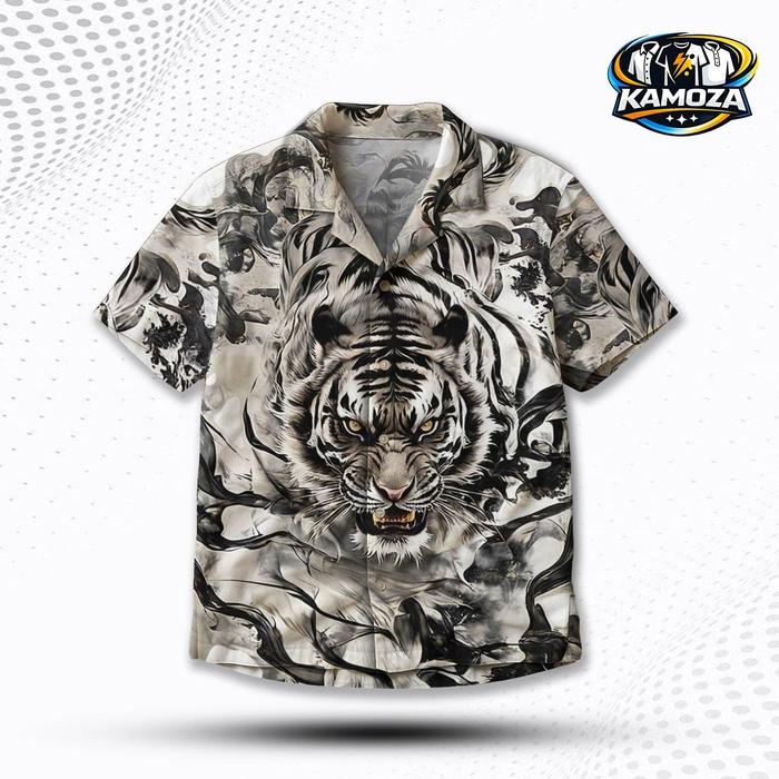 KAMOZA Kemeja Full Print Motif Tiger Macan Putih White Smoke Asap Art Hitam Putih – Atasan Kemeja Fa