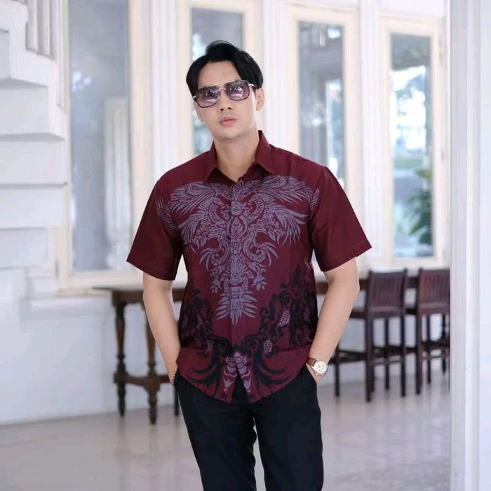 Baju Batik Lengan Pendek Muslim Guru - Motif Tradisional - Pria, Katun, Atasan, Dewasa, Panjang, Kur