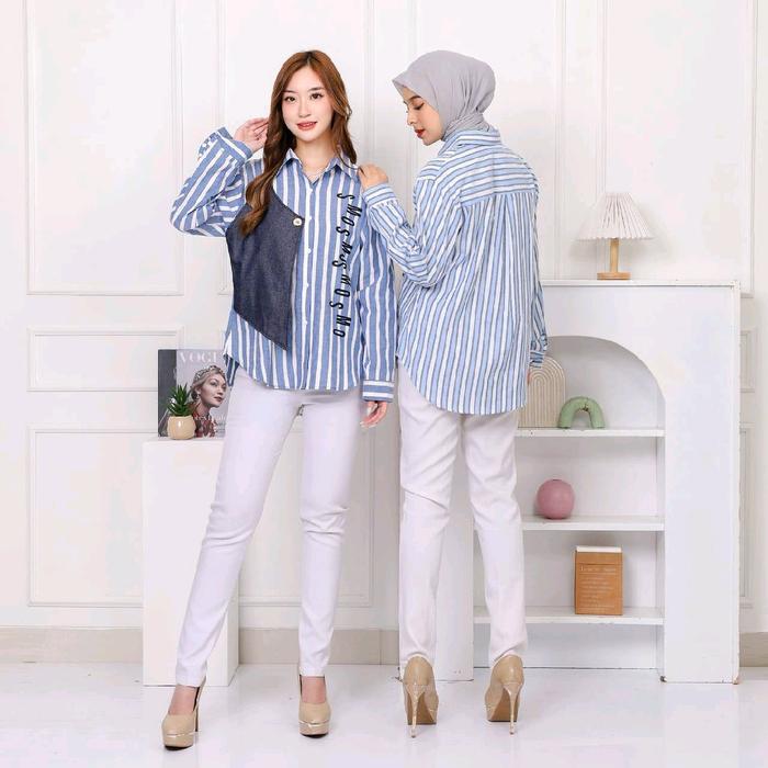 Wholesale Grace Lee Pgmta Kemeja motif salur mix denim minimal order 4pcs