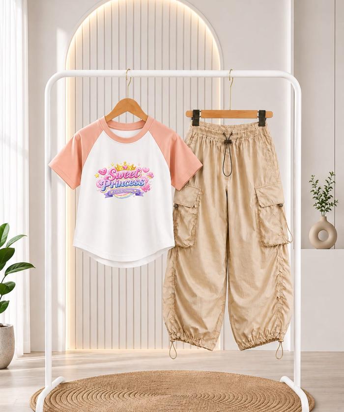Setelan Anak Perempuan Kekinian Korean Style Sweet Princess Kaos Raglan Oval & Celana Baggy Cargo Pa