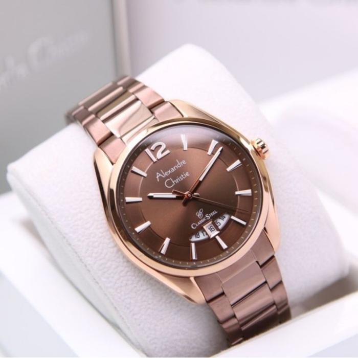 New GARANSI RESMI JAM TANGAN PRIA BROWN ROSE GOLD RI STAINLESS STEEL COWOK ALEXANDER CRISTIE CRISTY