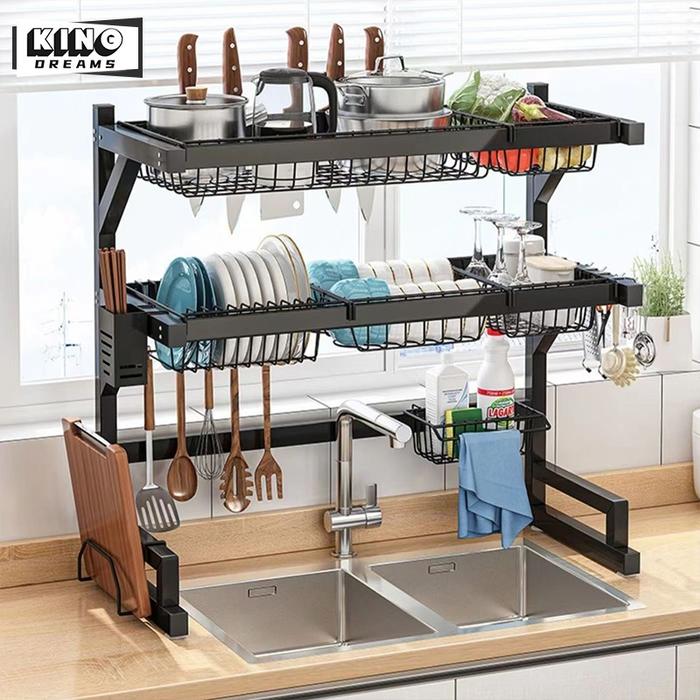 Rak Piring Wastafel Stainless steel Hitam Peralatan Dapur Kokoh Kuat Rak Cuci Piring Wastafel