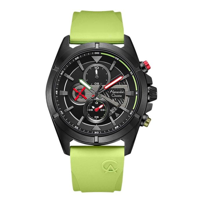 Jam Tangan Pria Alexandre Christie Chronograph AC 6592 MC REPBALE Men Dual Tone Dial Green Lime Rubb