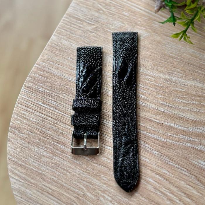 Tali jam tangan ostrich 20 mm. Black ostrich leather strap