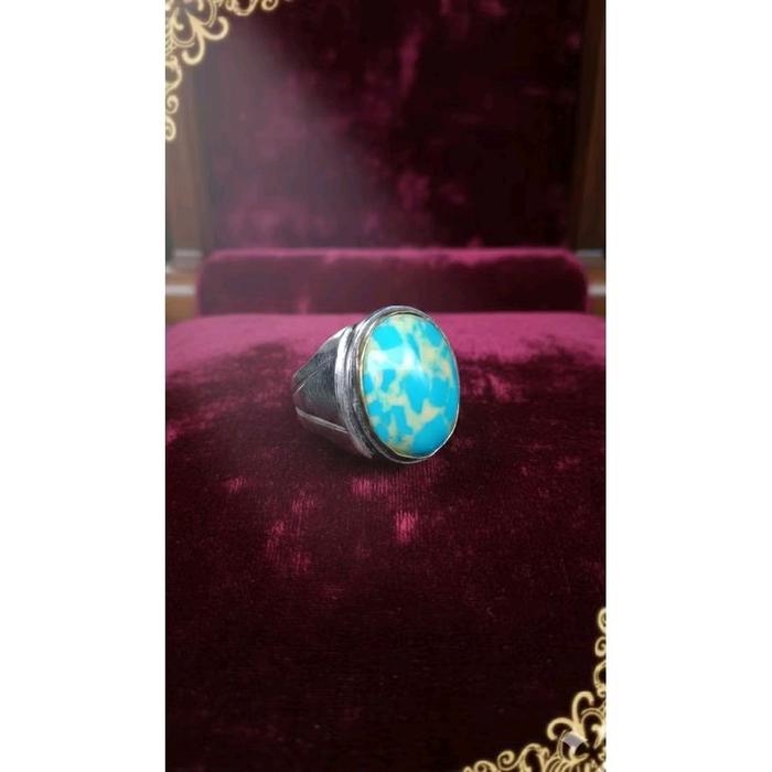 Cincin Batu Akik Pirus Mesir Biru Pirus Nevada Urat Kuning 18x13mm Ring Monel Tanam Terbaru