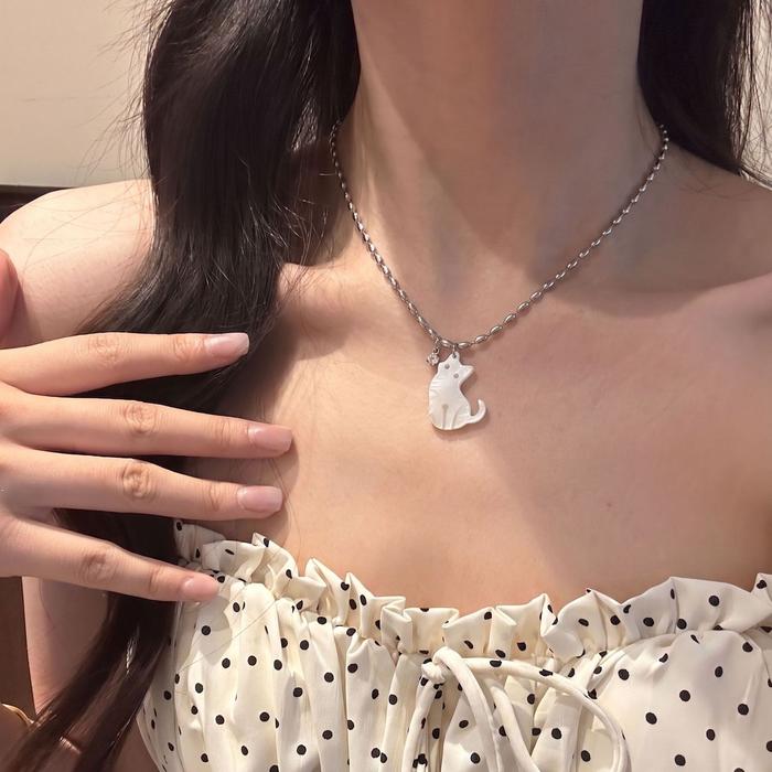 Kalung Kucing Putih Silver Liontin Cat Efek Mutiara Korean Style Cute Elegan Gift Box Hadiah Pacar C