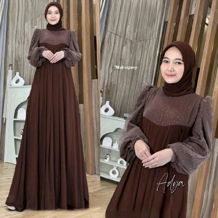 Gamis Pesta Kondangan Terbaru Adiya Dress Ukuran Jumbo Bahan Kain Ceruty Babydoll Fullpuring Mix Til